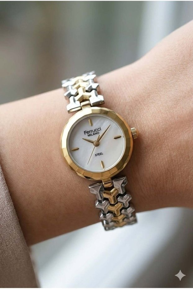 Elegant Design Women's Wristwatch | 26mm Steel Case, Gold Silver Metal Band, White Dial
