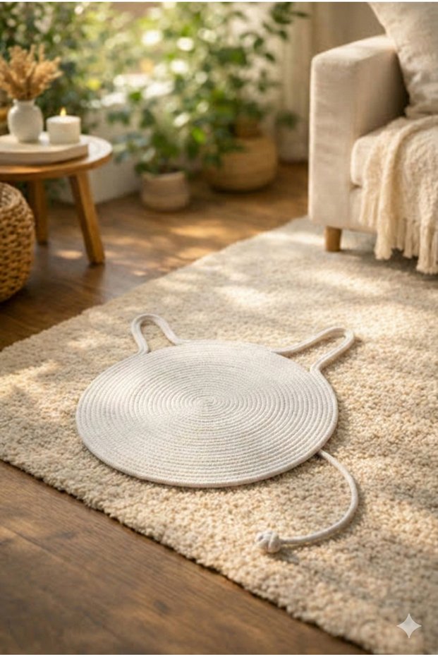 White Color Cotton Rope Cat Scratching Mat - Natural Knitted Cat Bed Oval 35X60 cm