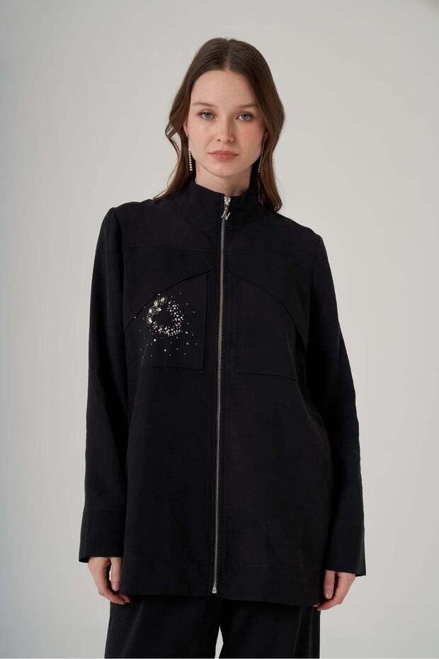 1054 Stone Detailed Zippered Trousers Suit - Black