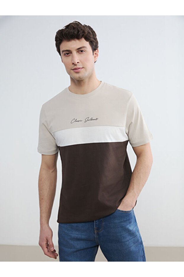 Esvab • Modern & Distinctive Zero Roba Collar Color Block Combed Cotton Men's T-Shirt