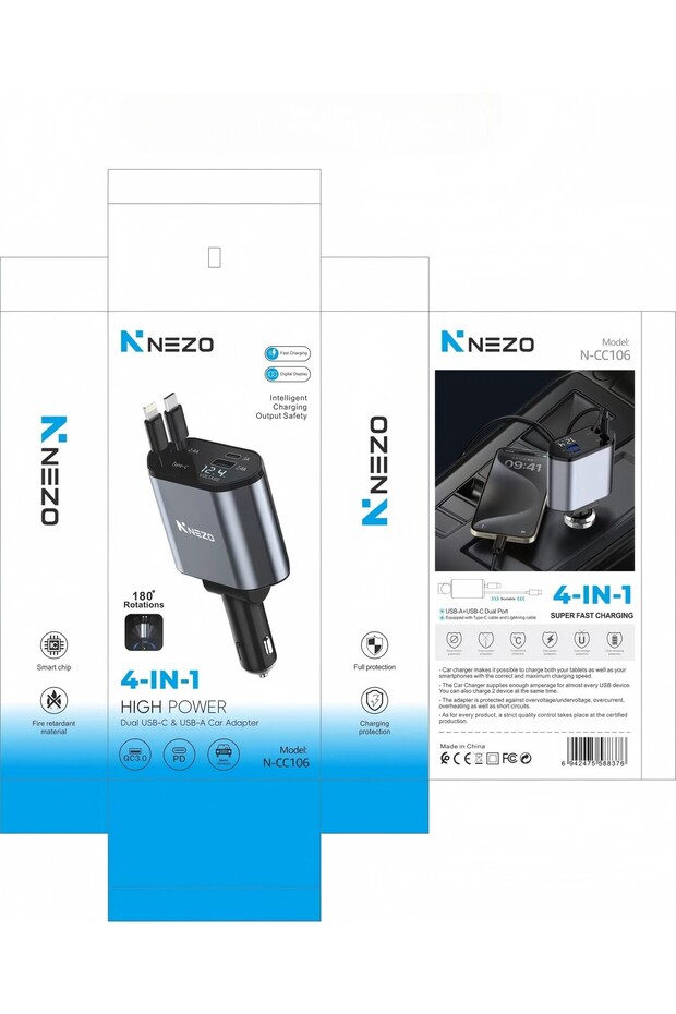 شاحن سيارة N-CC106 4 في 1 - محول USB-C وUSB-A قابل للدوران 180 درجة مع شاشة عرض رقمية للجهد