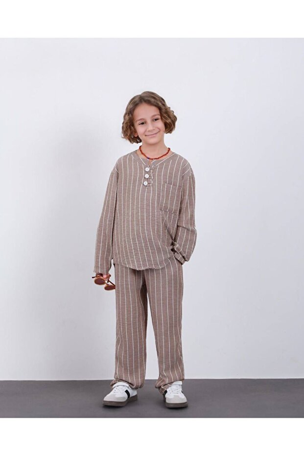 Boy's Linen Striped Fabric 100% Cotton Transitional Hakim Collar Shirt-Pants Set