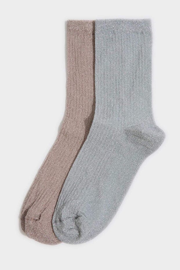 Women's Silvery 2-Piece Cotton Long Socks H5978Axns