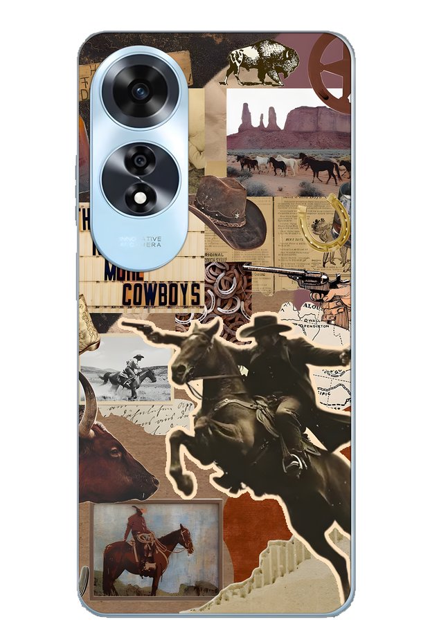 حافظة هاتف شفافة متوافقة مع هاتف اوبو A60 من نوع Cowboy Western Collage منقوش