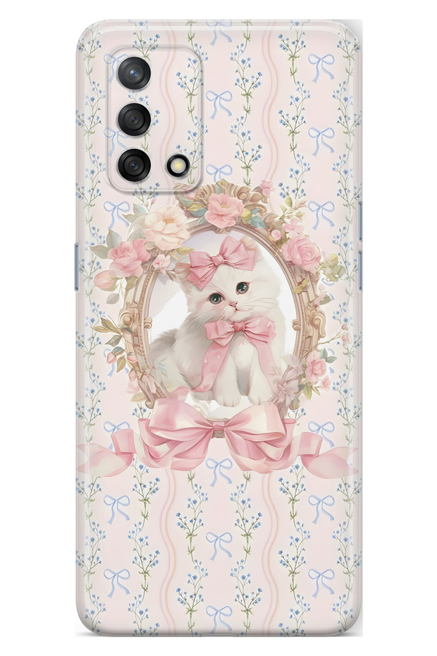 Oppo A74 Compatible Pink Bow Cat Patterned Transparent Phone Case
