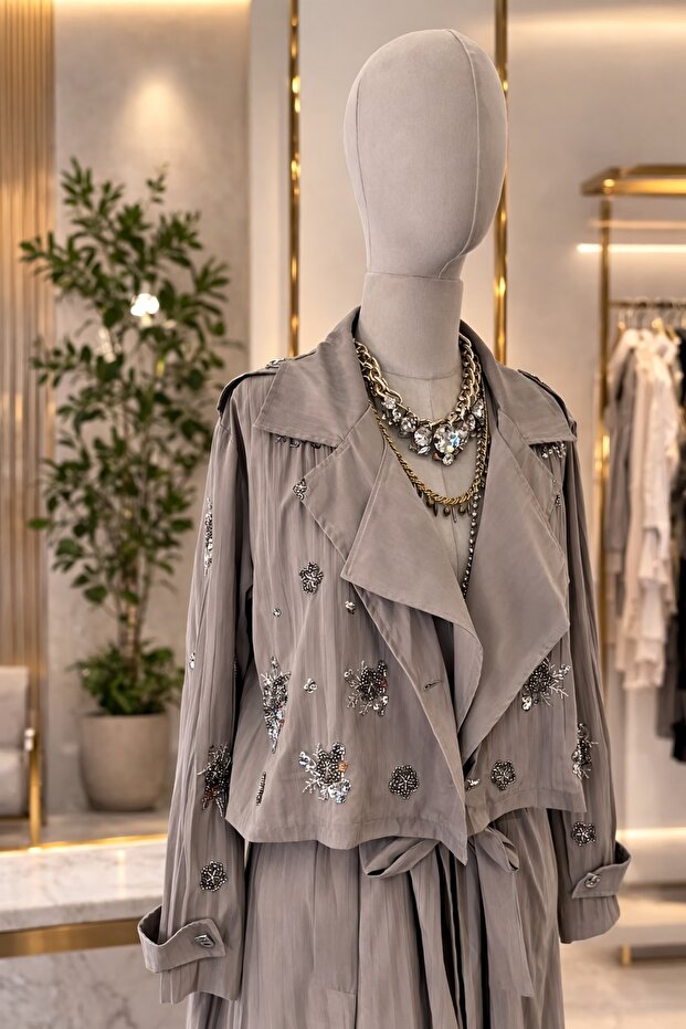 Design Elanora Sequin Embroidered Trench Coat