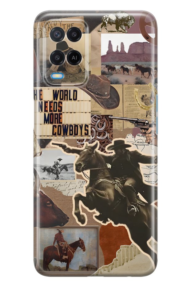 Oppo A54 Compatible Cowboy Western Collage Patterned Transparent Phone Case