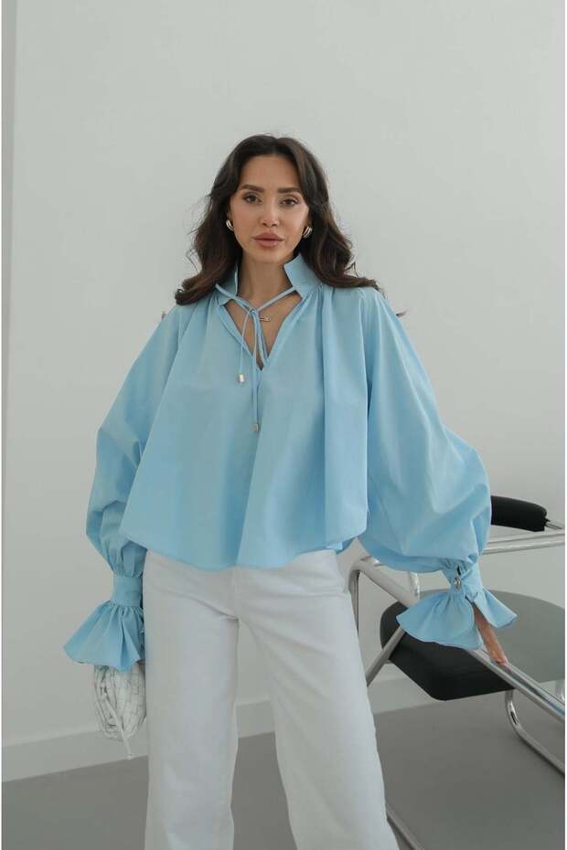 Blue Shirt with Tie Detail at the Collar