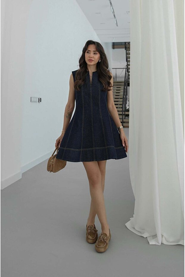 Dark Navy Blue Seam Detail Denim Dress