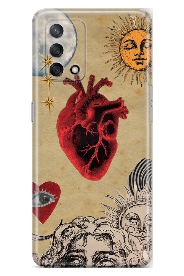 Oppo A74 Compatible Sun and Heart Collage Patterned Transparent Phone Case