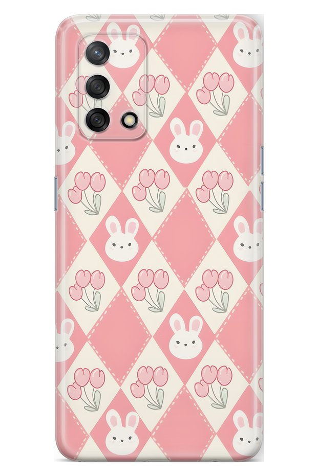 Oppo A74 Compatible Rabbit and Tulip Patterned Transparent Phone Case
