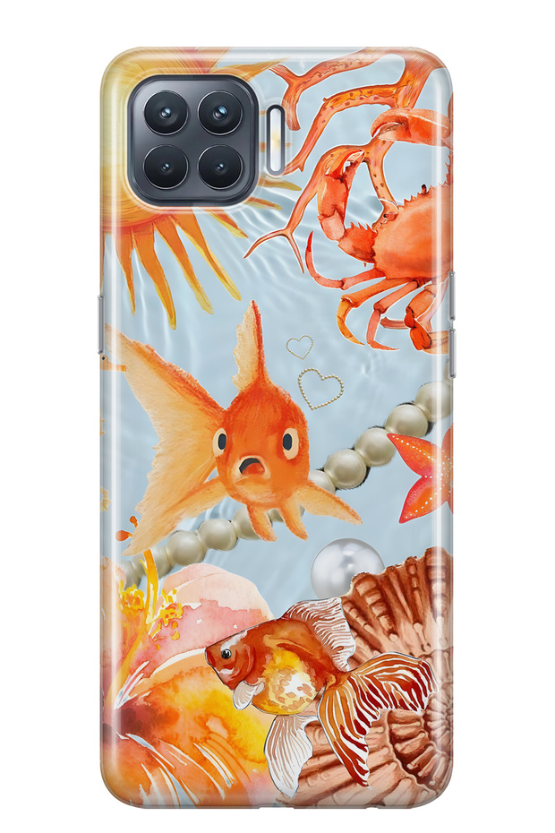 Oppo Reno 4 Lite Compatible Orange Fish Patterned Transparent Phone Case