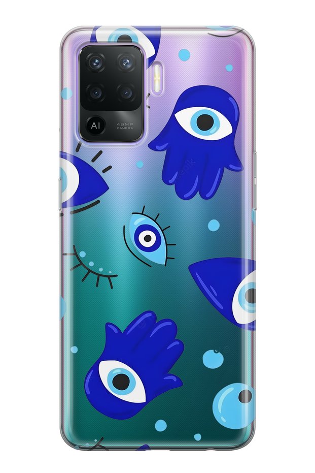Oppo Reno 5 Lite Compatible Hamsa Hand Patterned Transparent Phone Case