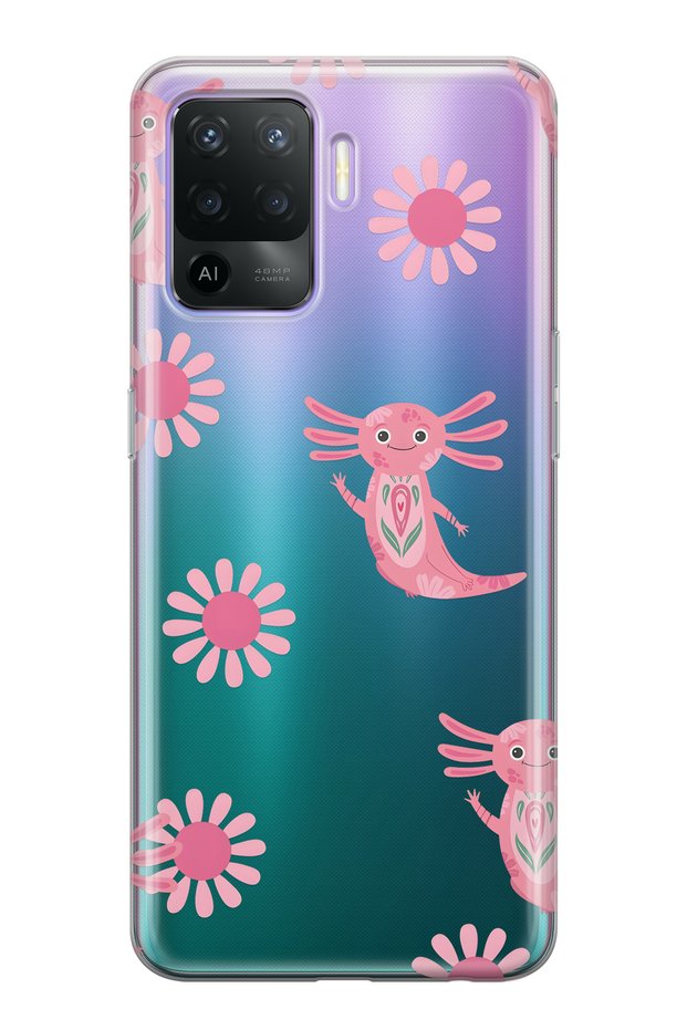 Oppo Reno 5 Lite Compatible Pink Axolotl Patterned Transparent Phone Case