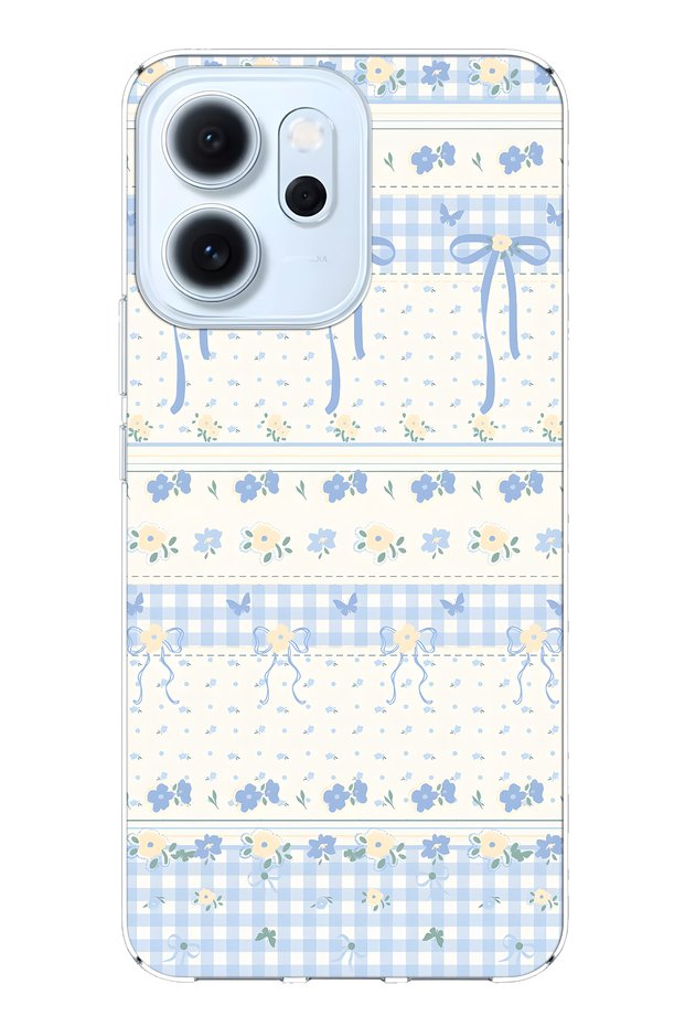 Oppo Reno 14F Compatible Blue Bow and Floral Print Transparent Phone Case