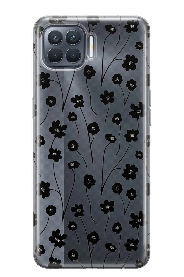 Oppo Reno 4 Lite Compatible Black Floral Print Transparent Phone Case