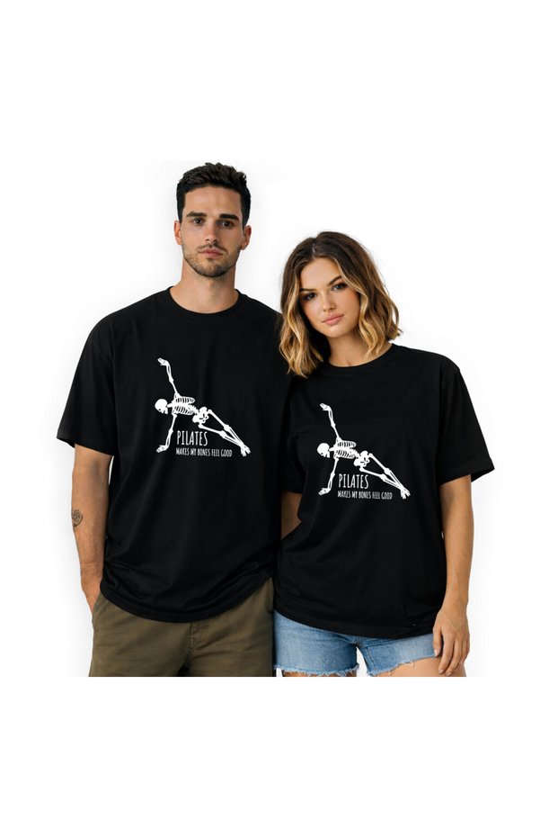 Unisex Crew Neck Black Design Tshirt with Pilates Skeleton Figure
