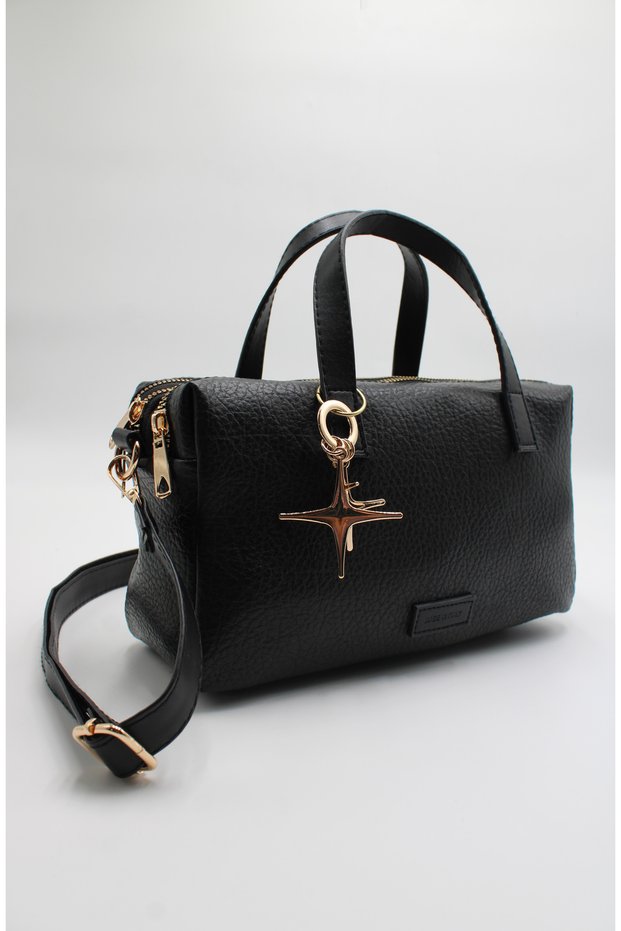 Women's Black Multi-Compartment Crossbody Hand and Shoulder Bag with Useful Metal Accessories and Zipper