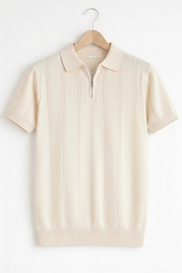 Men's Polo Neck Patterned Knitwear T-Shirt Cream Cd164