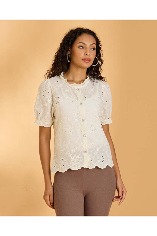 Women White Embroidered Casual Blouse