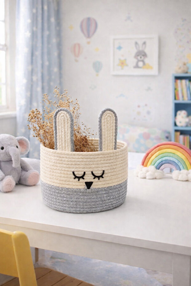 Rabbit Ear Knitted Basket, Decorative Organizer Basket, Baby Room Toy Basket 20X18 cm