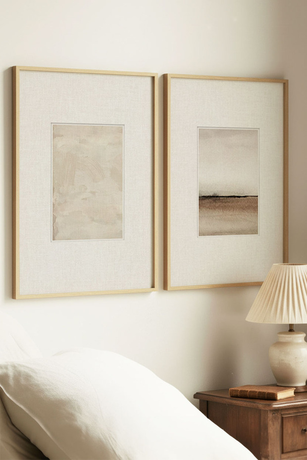 2 Pieces of Minimalist Abstract Vintage Paintings with Natural Wooden Frames