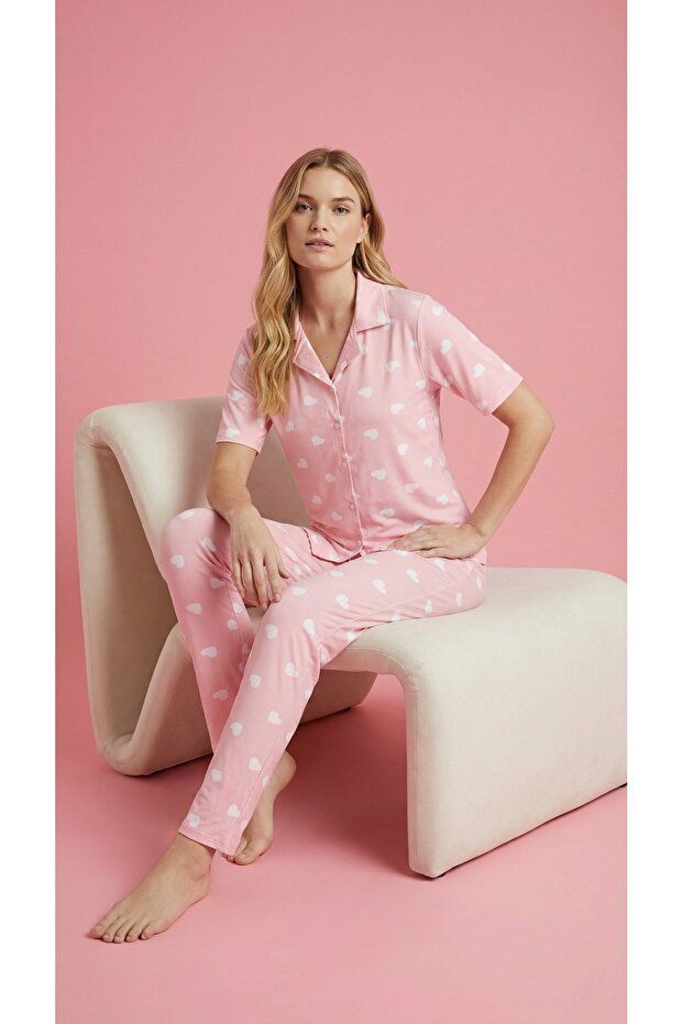 Women's Button-Front Short Sleeve Combed Cotton Pajama Set