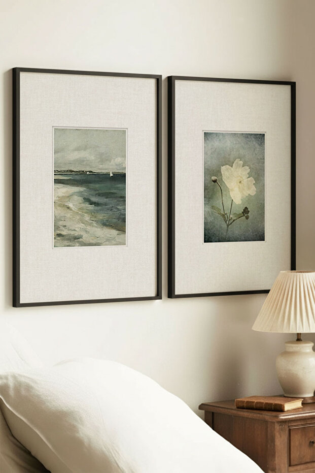 2 Pieces Black Wooden Framed Sea and White Flower Vintage Paintings
