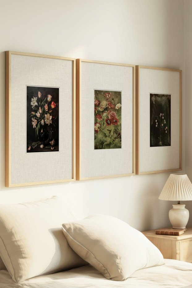 3 Pieces of Vintage Paintings with Natural Wooden Frames, Dark Flowers and Withered Branches