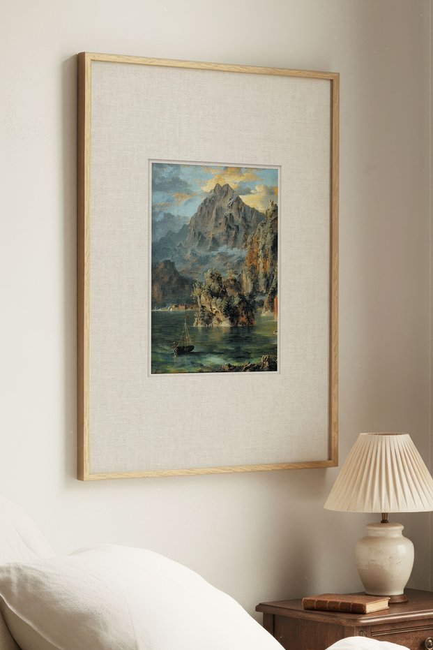 1 Piece of Vintage Painting with Natural Wooden Frame and Nature Scene