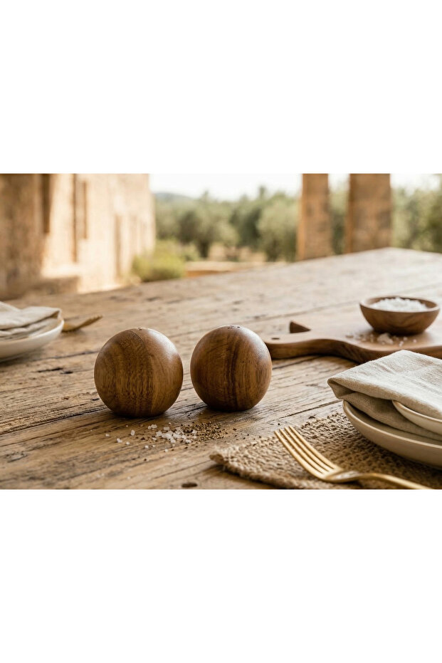 Modern Acacia Ball-Shaped Salt and Pepper Shaker Set - Round Spice Container Set