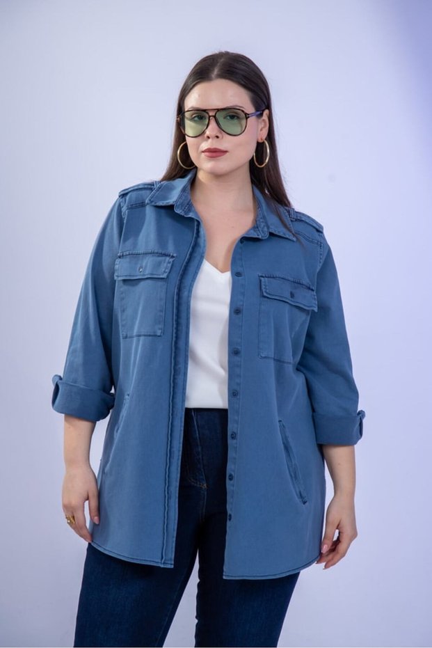 Plus Size Women's Gabardine Pocket Detail Shirt Navy Blue