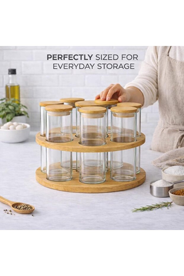 Bamboo Spice Rack with Glass Jars – 8 PCS Borosilicate Glass Food Jars Round Countertop