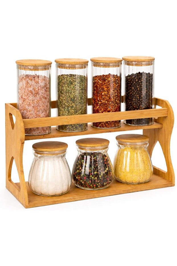 Bamboo Spice Rack with 7 Glass Jars- 2 Tier Kitchen Organizer with Spoons, Labeled Jars