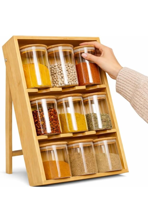 9-Piece Bamboo Spice Jar Organizer with 3-Tier Foldable Display Stand Rack With Jars