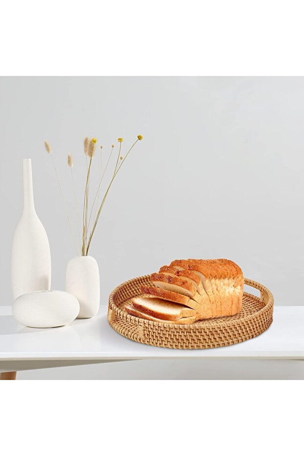 Silk Route - Coffee Table Tray Round Rattan Ottoman Tray Woven Serving Trays with Handles for Home a