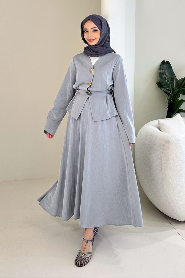 Gold Button Detailed Skirt Set - Indigo