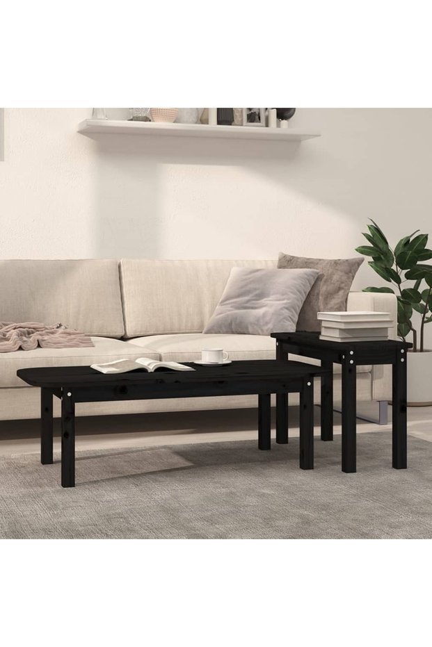 Coffee table set, 2 pieces, black, solid pine wood