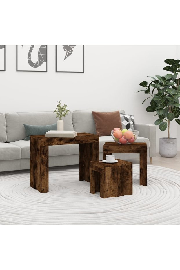Stackable coffee tables, 3 pieces, smoked oak, engineered wood