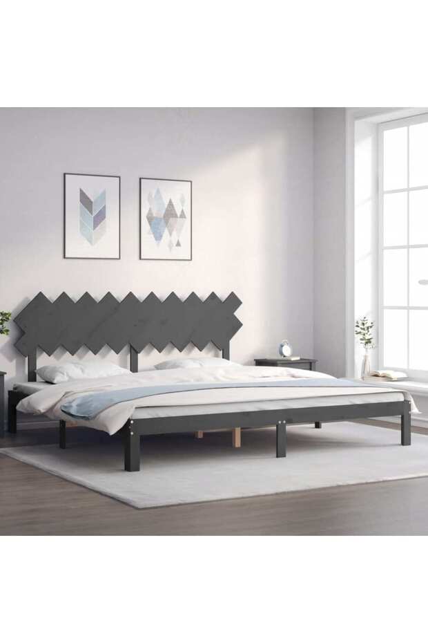 Bed frame with headboard 200x200 cm, gray, solid wood