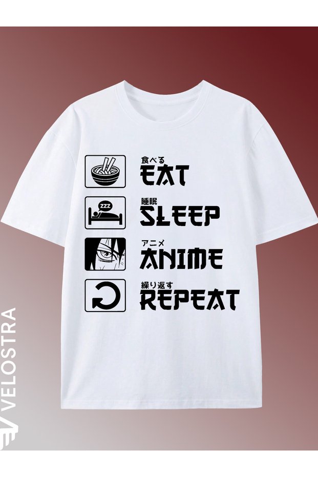 Unisex Women Men Eat Sleep Anime Repeat Printed Oversized Comfortable Daily Use Combed Cotton T-Shirt