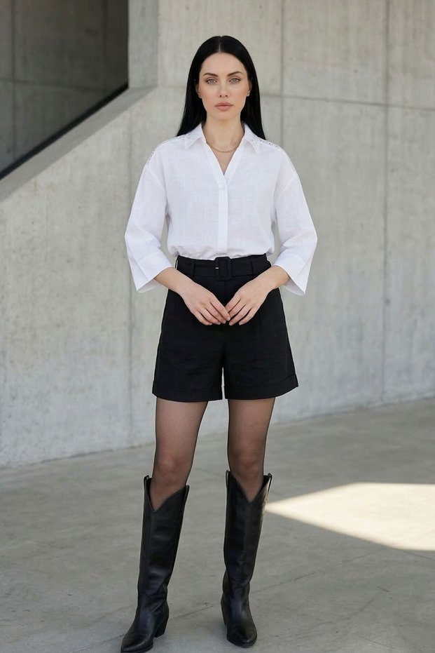 Women's White Oversized Fit Eyelet Embroidery Collar Buttoned 3/4 Sleeve Woven Casual Stylish Long Women's Blouse