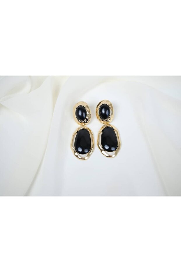 Bkp105 Black Double Stone Hanging Earrings Black (Length 70 mm)