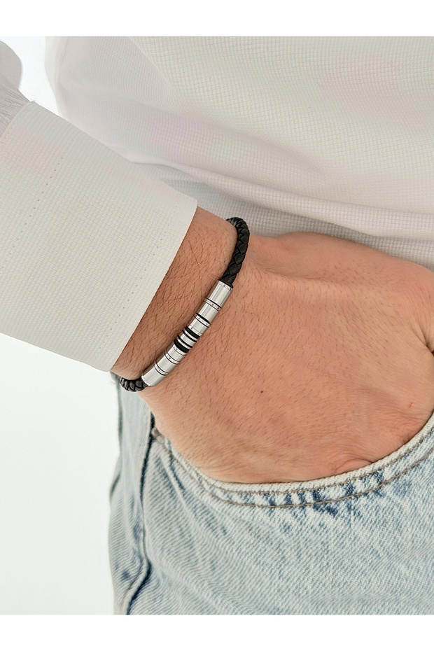 Black and Silver Steel Leather Men's Bracelet Frj10190A-J 2 Year Warranty Gift Boxed