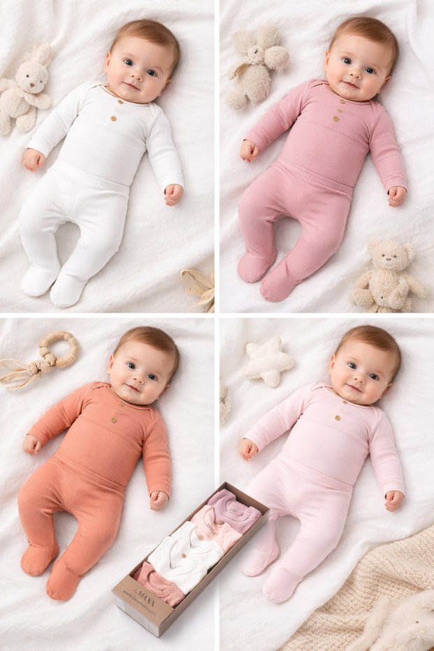 Full Newborn Baby 0-3 Months 3-6 Months Set with Bodysuit and Booties, Boxed Set of 5 (100% Cotton Standard and Low Weight Birth Baby Size)