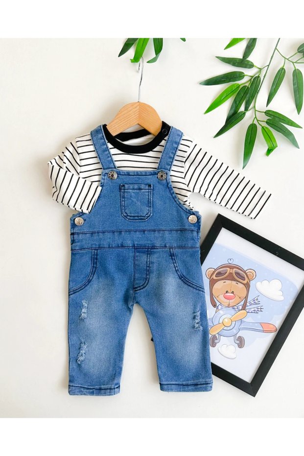 Black Striped Sweatshirt with Pocket Detail on the Front, Baby Boy Denim Overalls