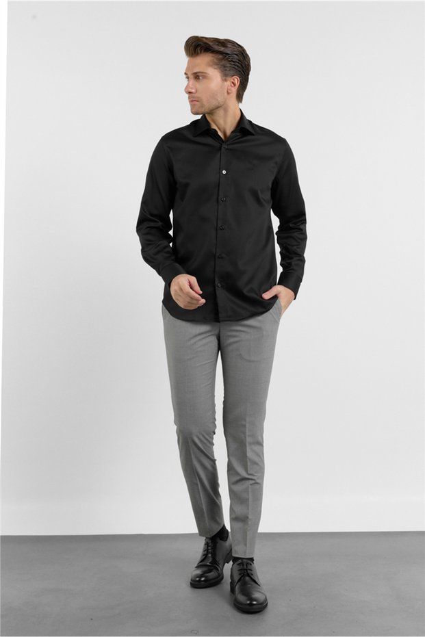 Black Satin Italian Collar Long Sleeve Pocketless S Slim Fit 100% P Cotton Shirt 1004255231