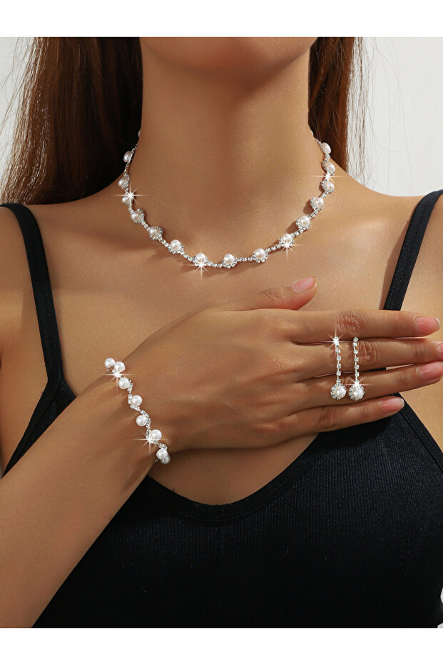 Faux Pearl Rhinestone Necklace with Bracelet and Earrings et