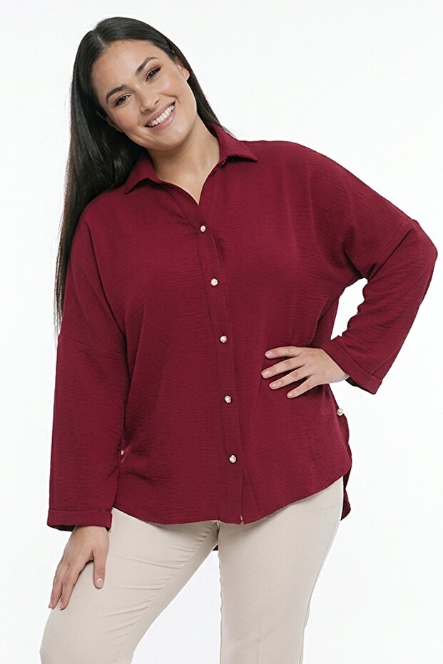 Women's Pearl Detailed Large Size Ayrobin L Stretch Fabric Shirt