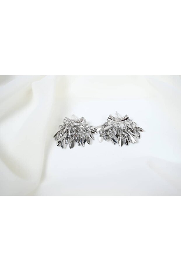Bkp114 Silver Color Leaf Shape Stone Earrings (Length 30 mm)